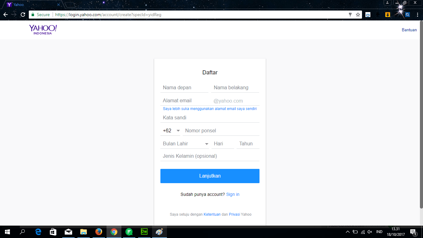 Halaman pendaftaran Yahoo Mail