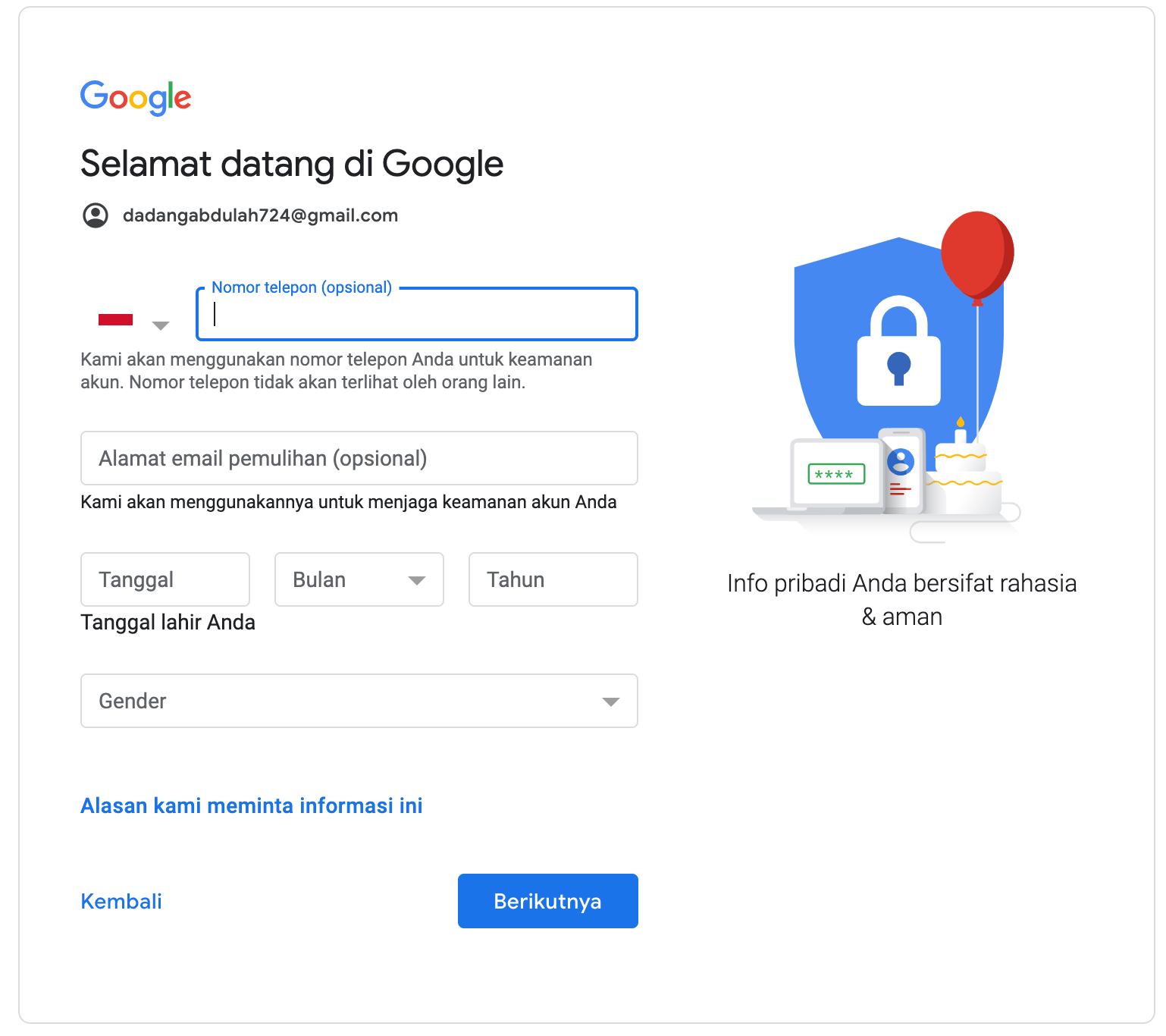 Pengisian Lanjutan pendaftaran Gmail